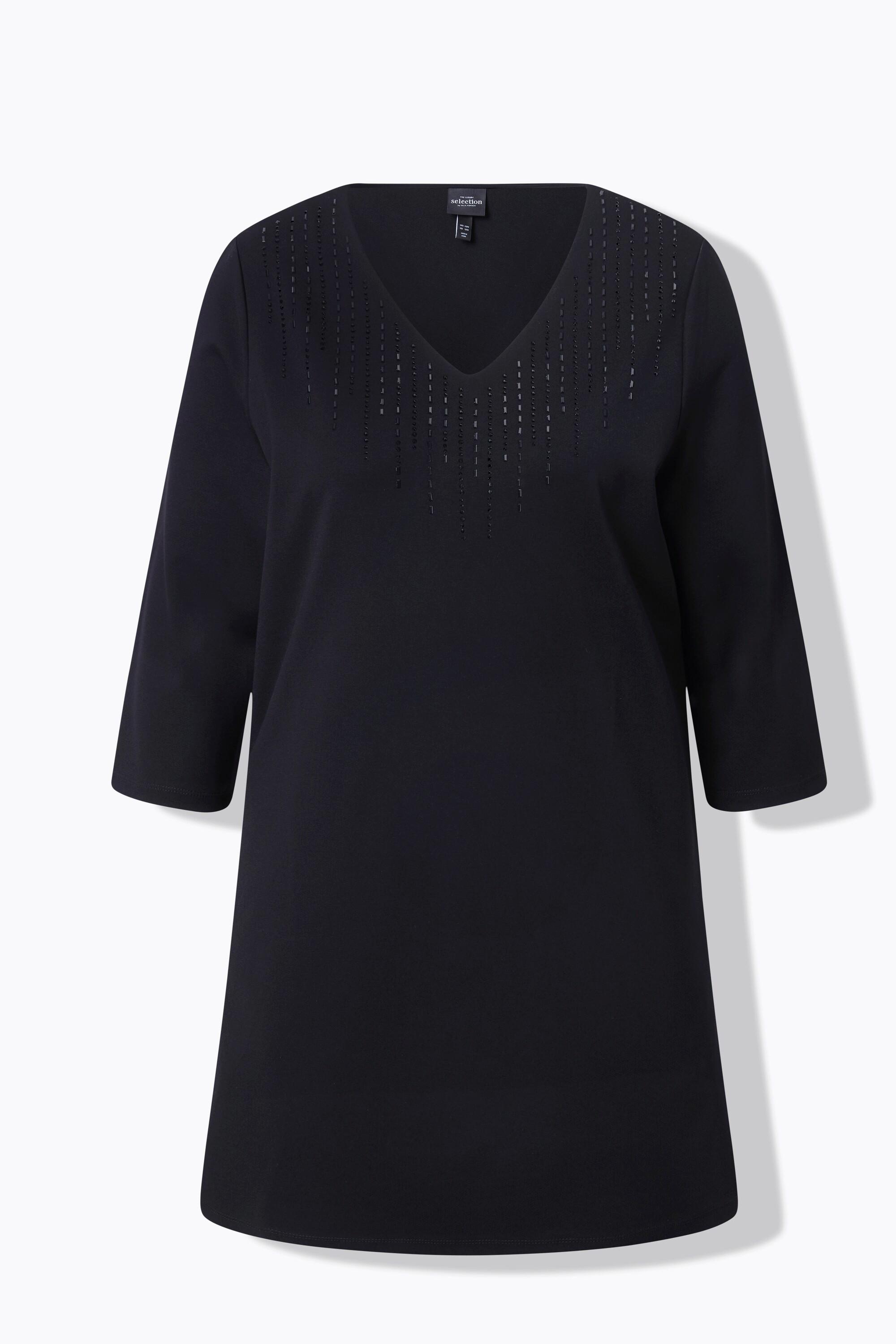 Ulla Popken Sweat-shirt Strass Fantaisie Décolleté en V Manches 3/4  