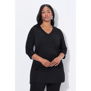 Ulla Popken Sweat-shirt Strass Fantaisie Décolleté en V Manches 3/4  