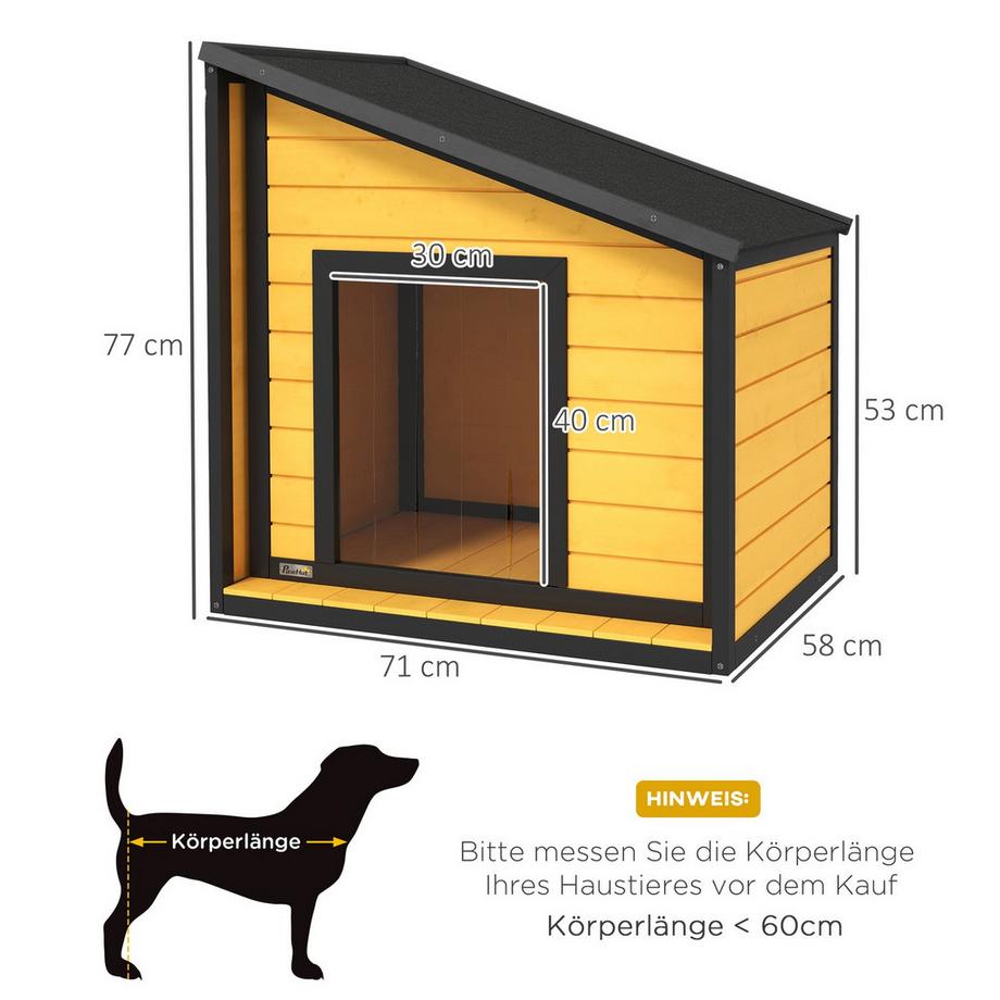 Northio  Niche pour chien en bois, niche pour chien avec toit ouvrant en asphalte et rideau de porte, niche pour chien d'extérieur, niche pour petits chiens, extérieur, résistant aux intempéries, jaune, 71 x 58 x 53/77 cm 
