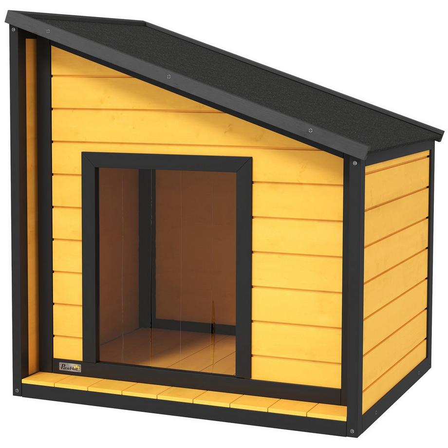 Northio  Niche pour chien en bois, niche pour chien avec toit ouvrant en asphalte et rideau de porte, niche pour chien d'extérieur, niche pour petits chiens, extérieur, résistant aux intempéries, jaune, 71 x 58 x 53/77 cm 