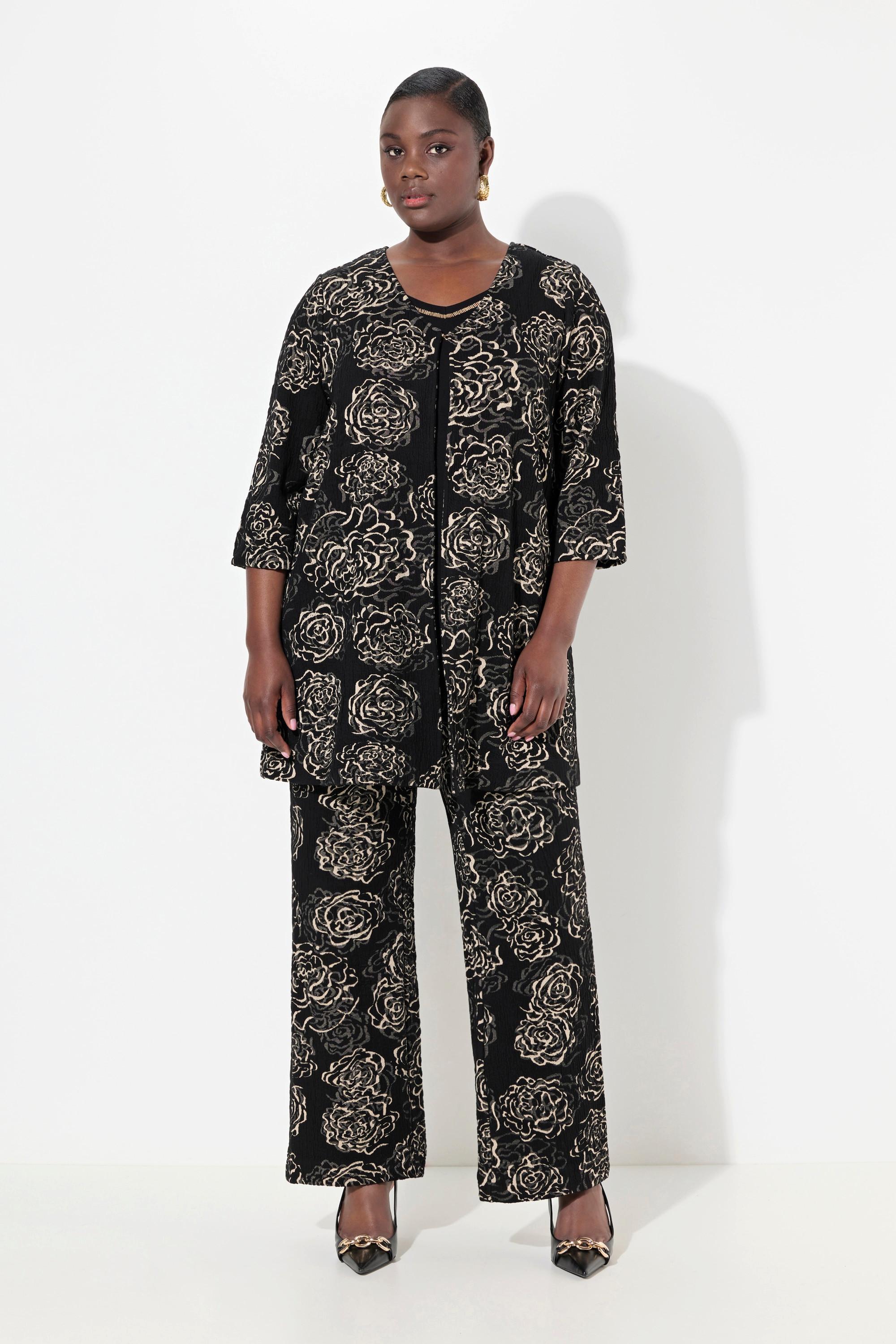 Ulla Popken Jacquard Jacke Blüten A-Linie V-Ausschnitt 3/4 Arm  