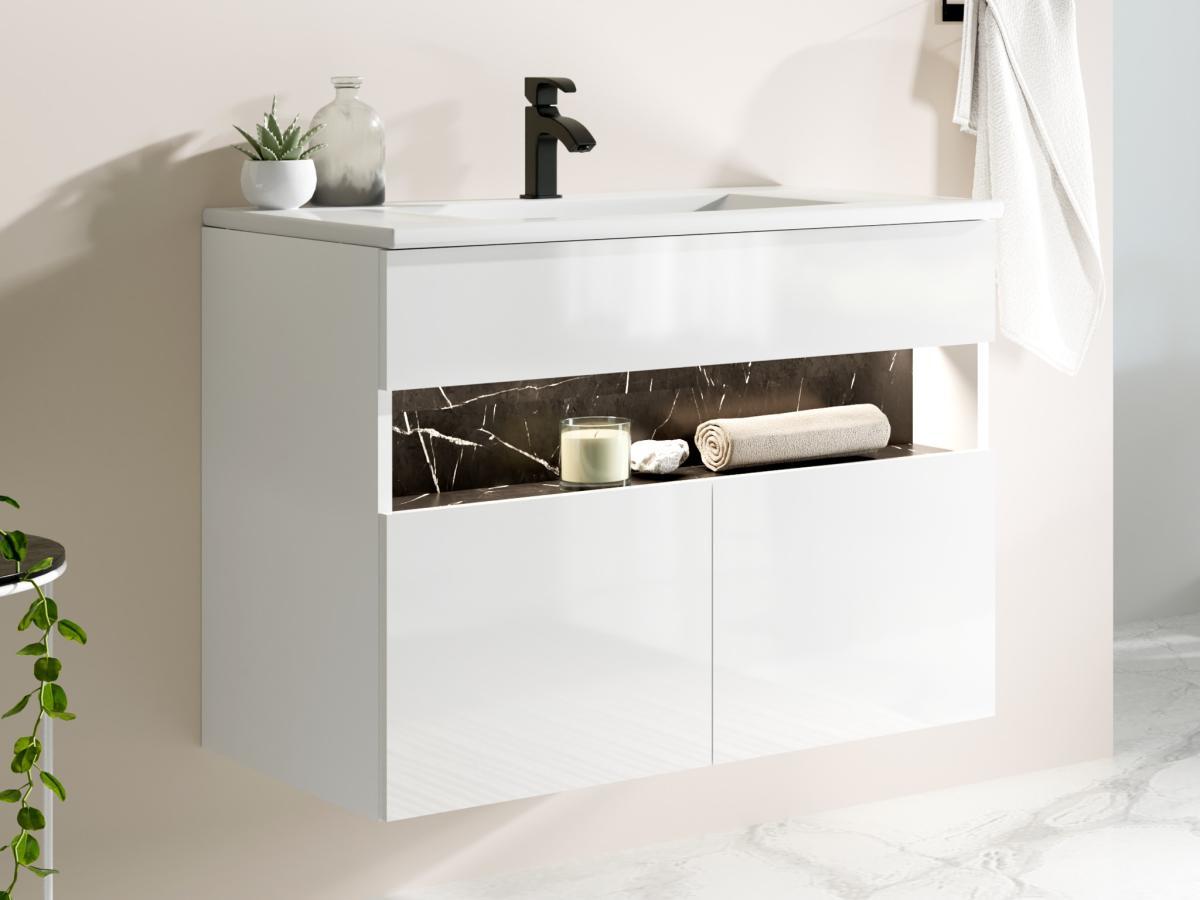 Vente-unique Meuble de salle de bain suspendu à LEDs avec vasque à encastrer - Blanc et noir effet marbre - L80 cm - POZEGA  