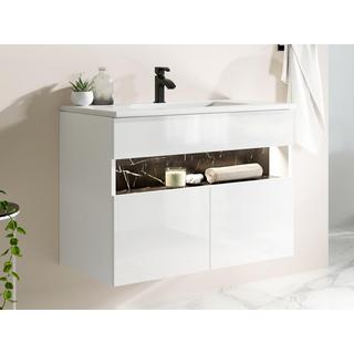 Vente-unique Meuble de salle de bain suspendu à LEDs avec vasque à encastrer - Blanc et noir effet marbre - L80 cm - POZEGA  