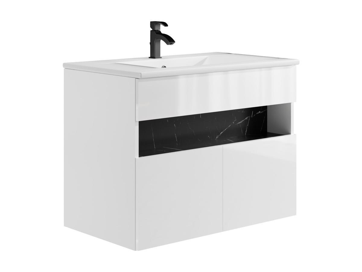 Vente-unique Meuble de salle de bain suspendu à LEDs avec vasque à encastrer - Blanc et noir effet marbre - L80 cm - POZEGA  