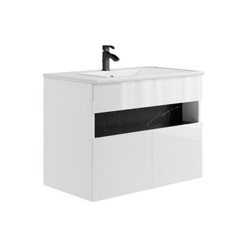 Waschbeckenunterschrank hängend mit Einbauwaschbecken - mit LED-Beleuchtung - Weiß & Schwarz - Marmor-Optik - 80 cm - POZEGA