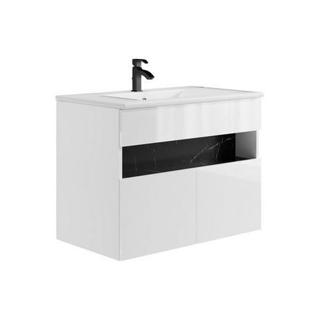 Vente-unique Meuble de salle de bain suspendu à LEDs avec vasque à encastrer - Blanc et noir effet marbre - L80 cm - POZEGA  