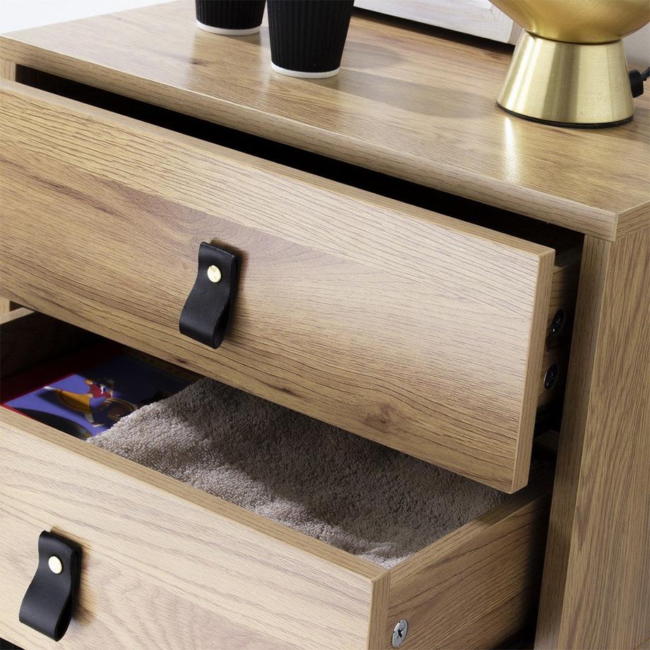 Calicosy Nachttisch mit 2 Schubladen und Metallbeinen in Eichenoptik  