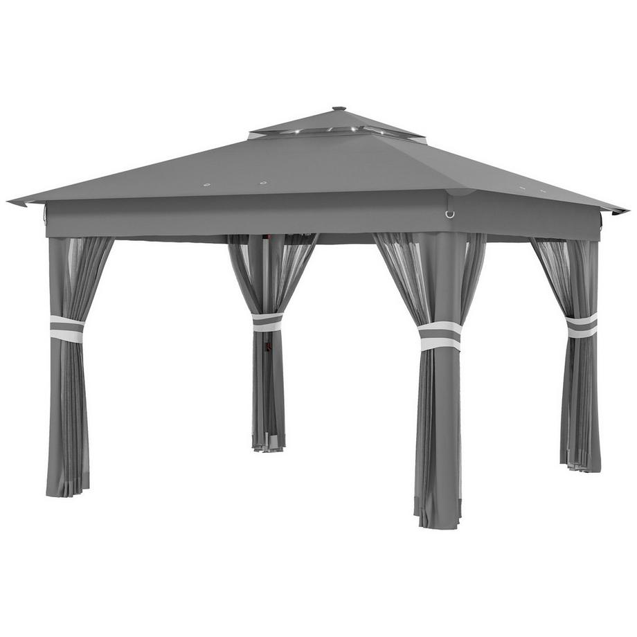 Gazebo Pieghevole Ca. 3 X 3 M, Gazebo Con Led, 4 Tende A Rete, Parete Laterale, Gazebo Da Giardino Con Sacca D'Acqua, Doppio Tetto, Borsa Per Il Trasporto, Grigio Scuro