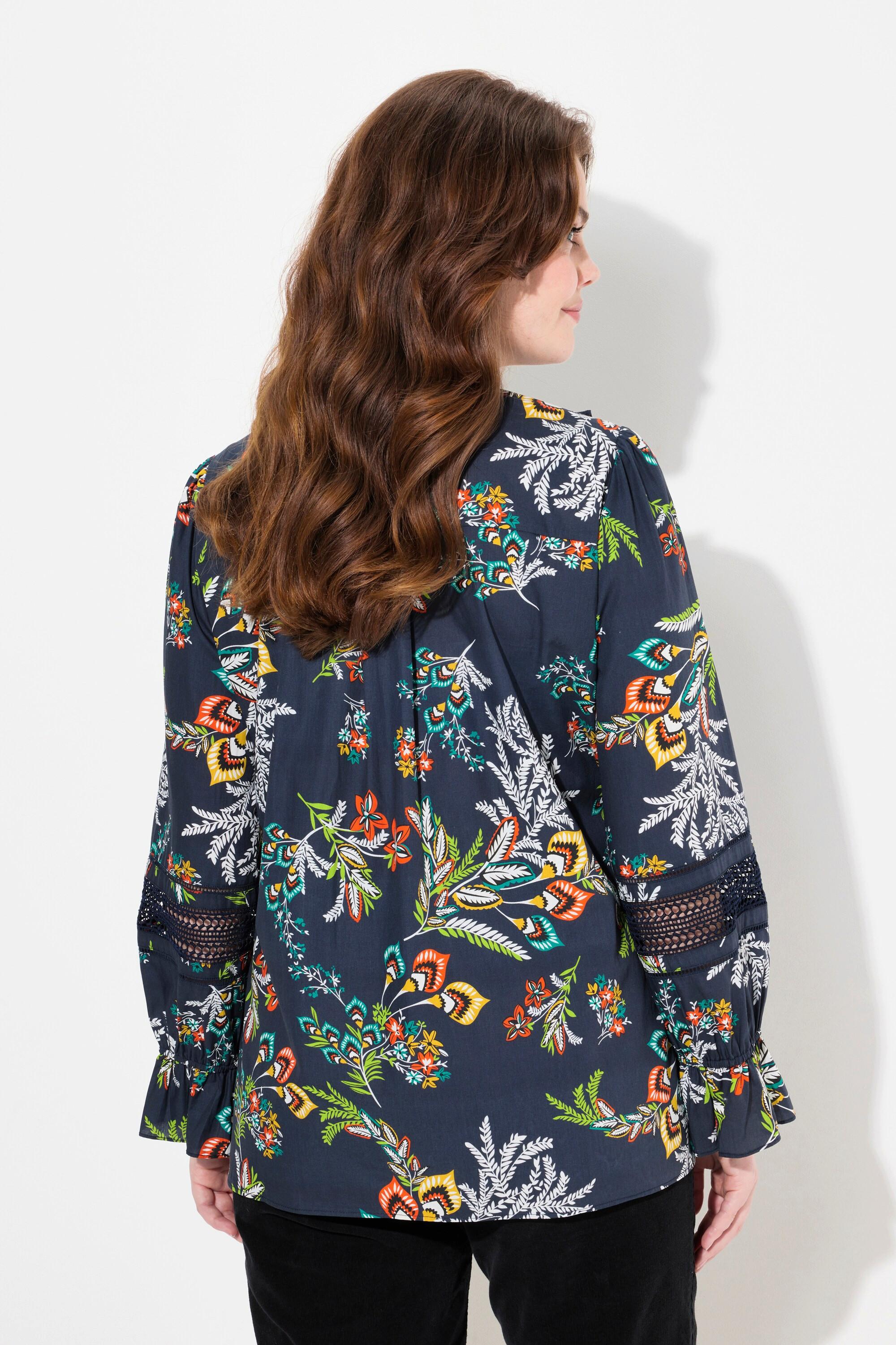 Ulla Popken Camicetta Pizzo Ruche Scollo V Maniche Lunghe  