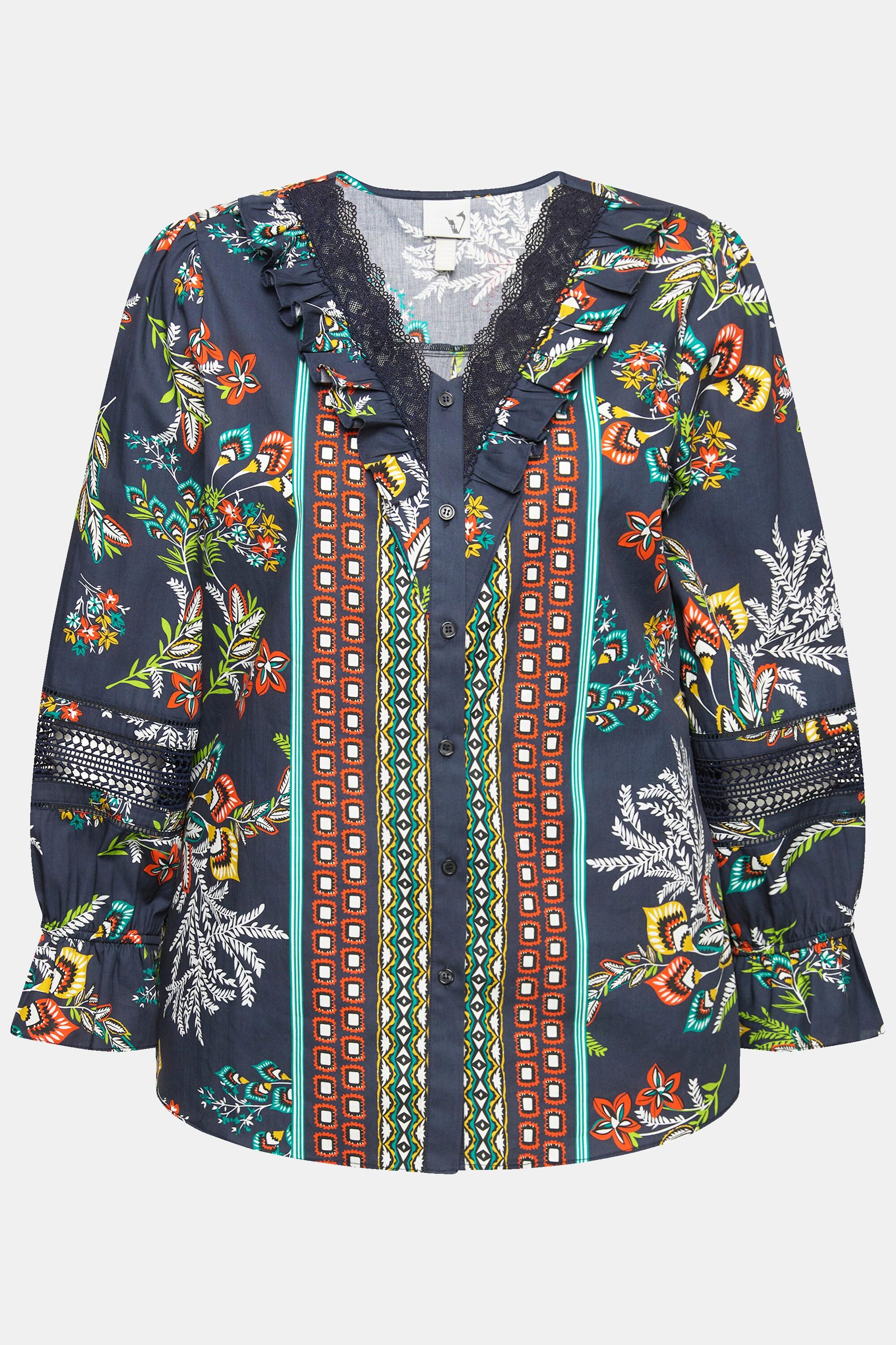 Ulla Popken Camicetta Pizzo Ruche Scollo V Maniche Lunghe  