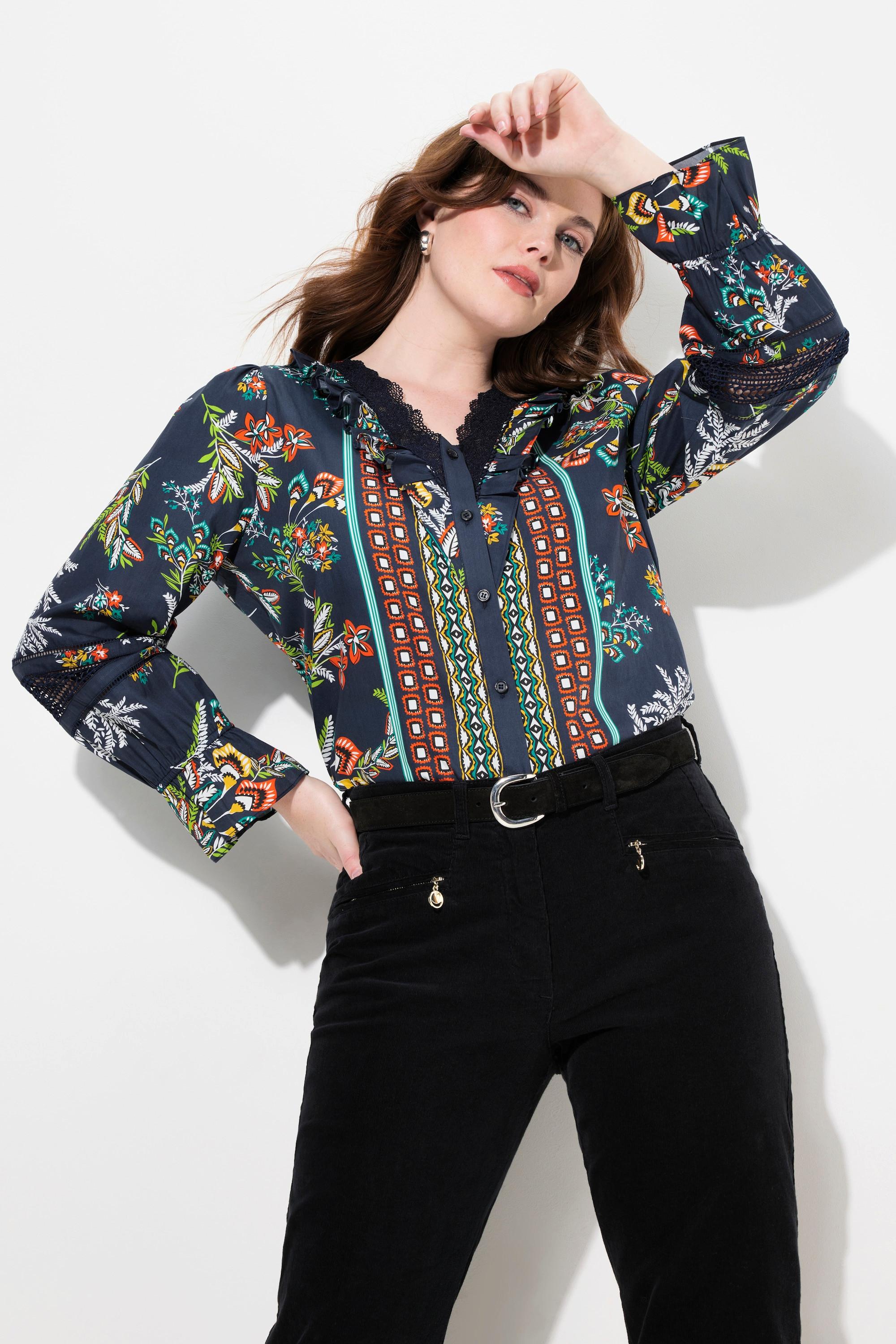 Ulla Popken Camicetta Pizzo Ruche Scollo V Maniche Lunghe  