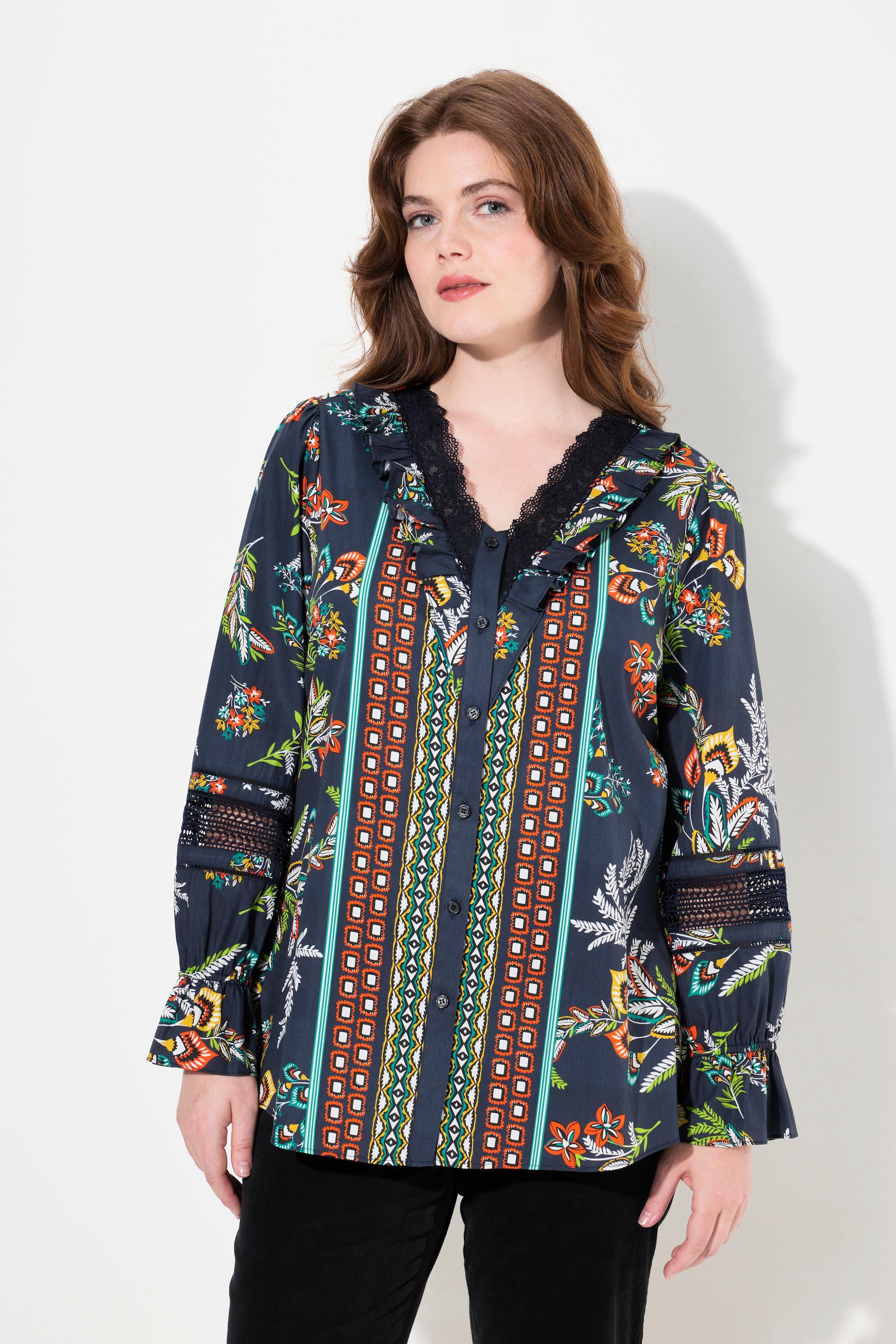 Ulla Popken Bluse Spitze Rüschen V-Ausschnitt Langarm  