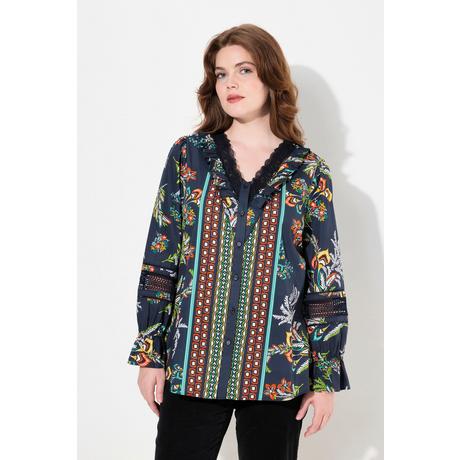 Ulla Popken Camicetta Pizzo Ruche Scollo V Maniche Lunghe  