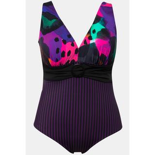 Ulla Popken  Maillot de bain à imprimé fluo, rayures et bonnets souples. Anneau 