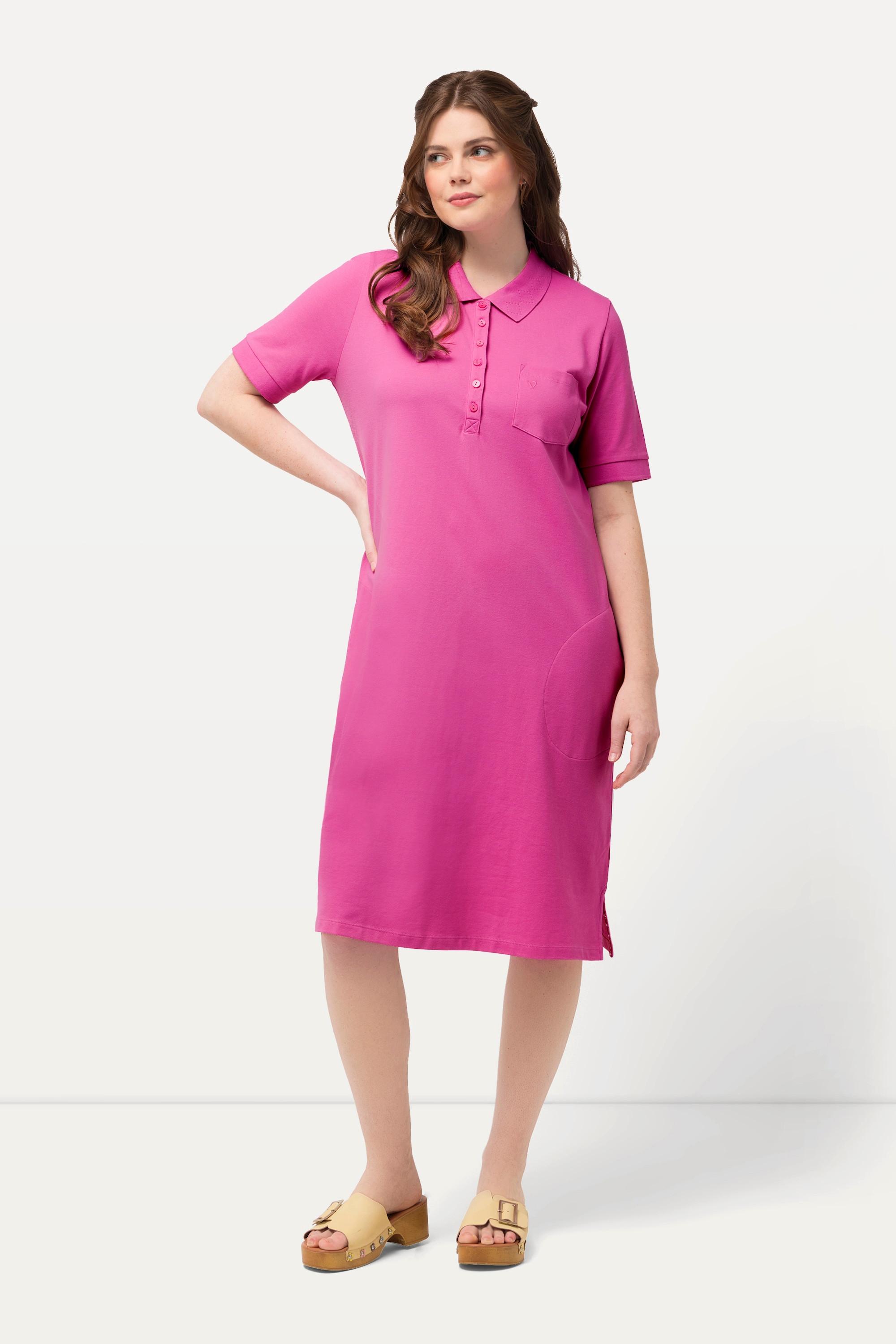 Ulla Popken Robe Polo Piquée Demi Patte de Boutonnage Manches Courtes  