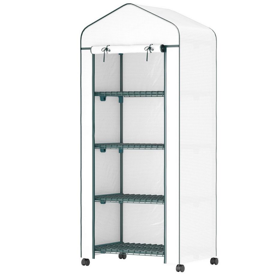 Serre avec rouleau, étagères, serre en film résistant à l'hiver en acier, serre pour balcon, jardin, serre à tomates 69 x 50 x 165 cm, serre à tomates pour tomates, fleurs, plantes, blanc