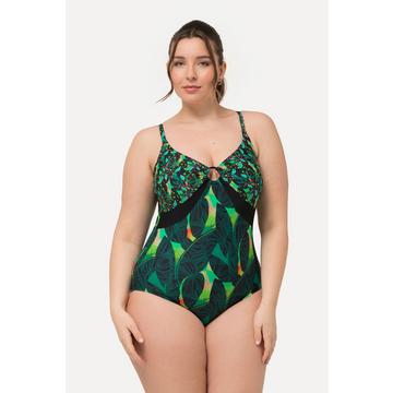 Maillot de bain à bonnets souples. Mélange d'imprimés, matière recyclée. Anneau fantaisie.