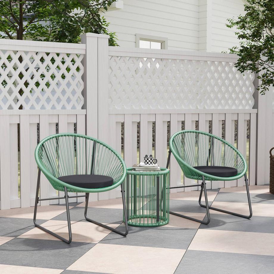 Northio Polyrattan Gartenmöbel Set, Outdoor Lounge Balkonmöbel für 2 Personen, 3-teilig Sitzgruppe mit 2 Stühle, Beistelltisch, Kissen, wetterfest Gartenlounge für Garten, Terrasse Balkon, Grün  