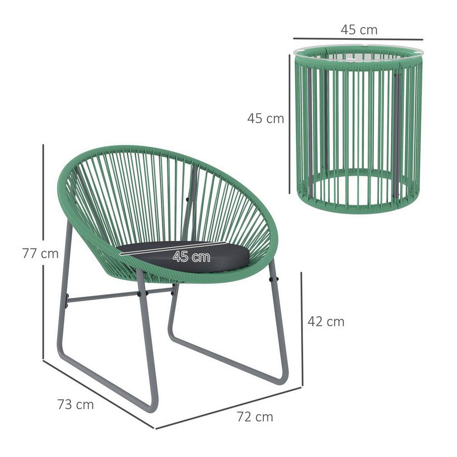 Northio Polyrattan Gartenmöbel Set, Outdoor Lounge Balkonmöbel für 2 Personen, 3-teilig Sitzgruppe mit 2 Stühle, Beistelltisch, Kissen, wetterfest Gartenlounge für Garten, Terrasse Balkon, Grün  