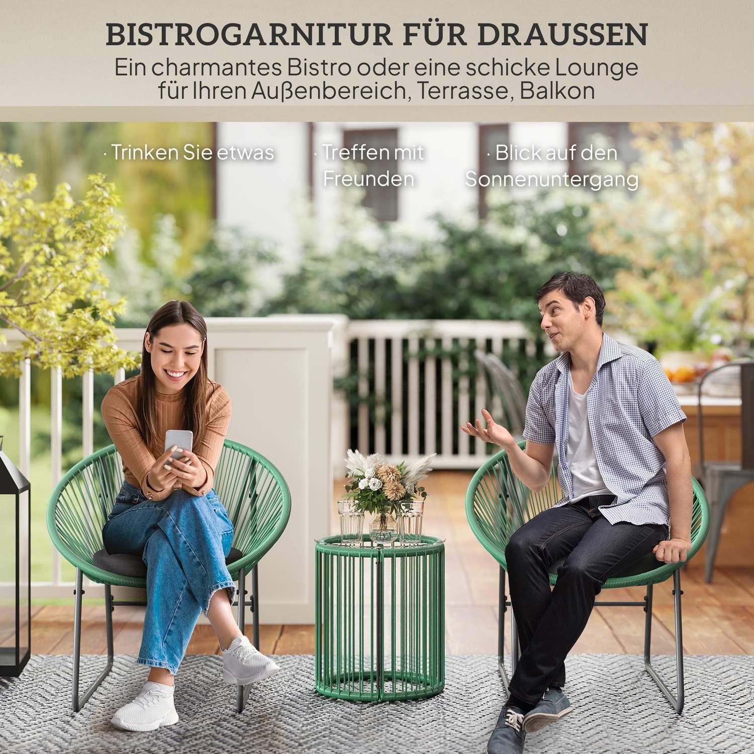 Northio Set di mobili da giardino in polyrattan, mobili da balcone lounge da esterno per 2 persone, dinette da 3 pezzi con 2 sedie, tavolino, cuscini, lounge da giardino resistente alle intemperie per giardino, terrazza balcone, verde  