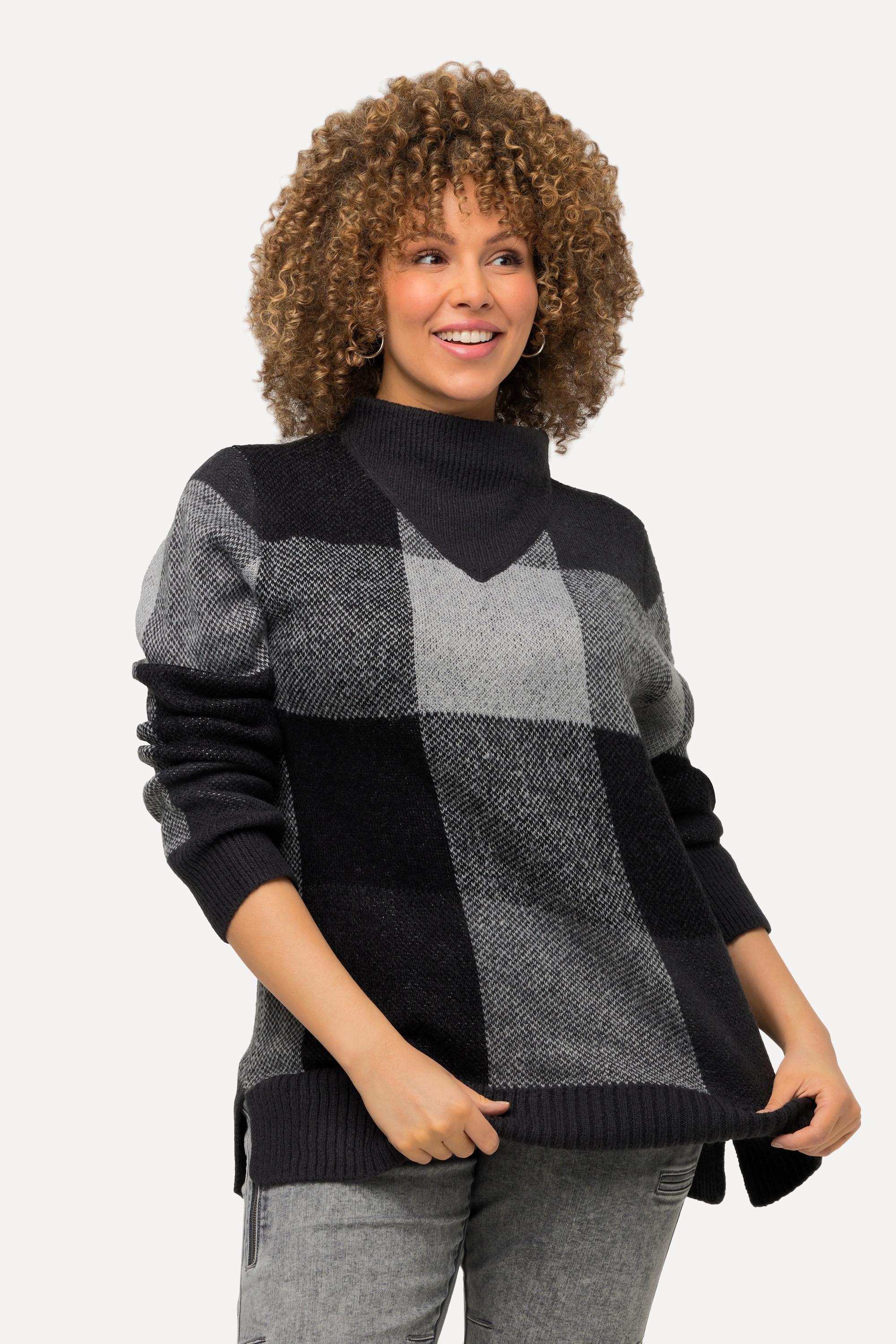 Ulla Popken  Pullover con design a quadri, collo alto e maniche lunghe 