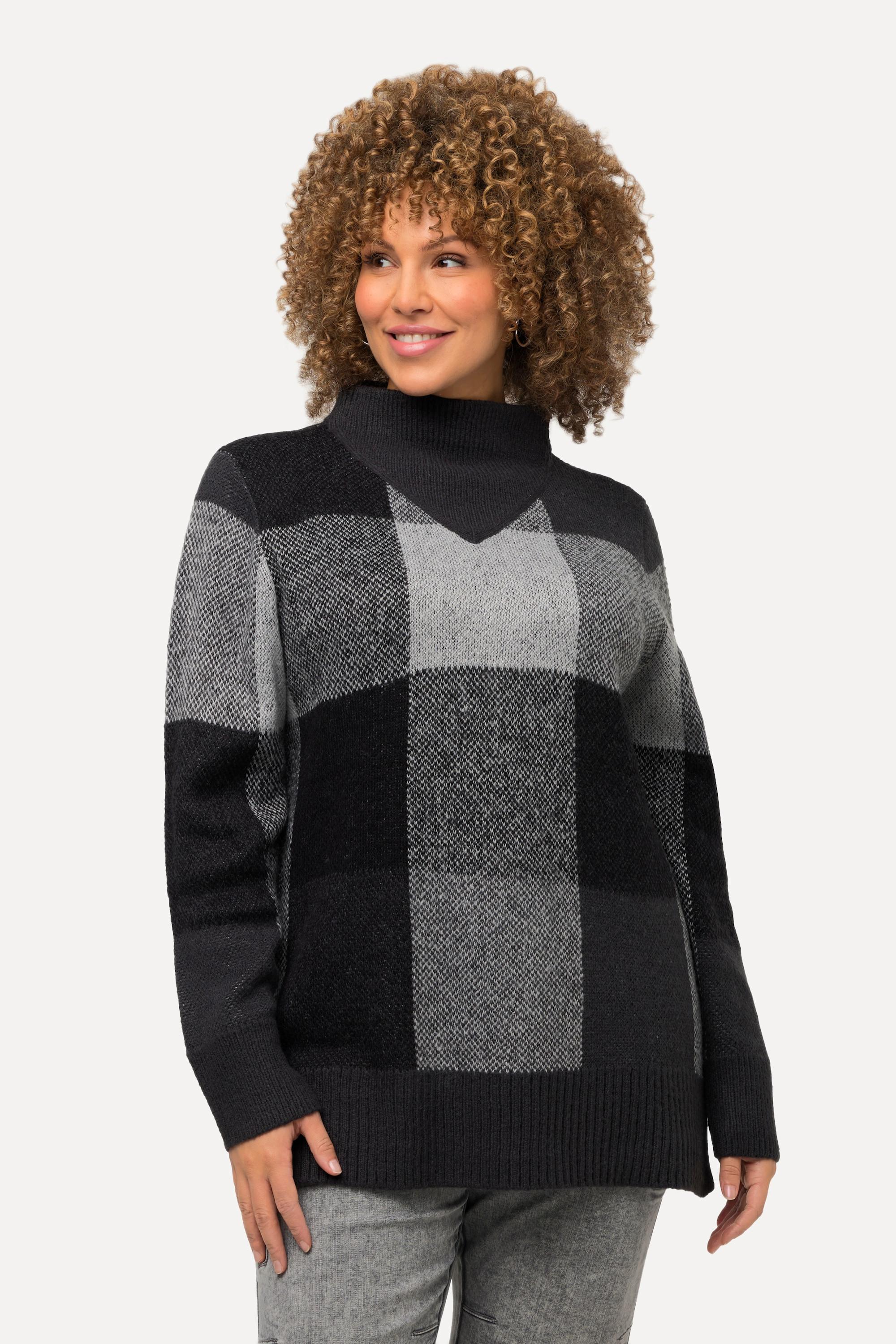 Ulla Popken  Pullover, Karomuster, Stehkragen, Langarm 