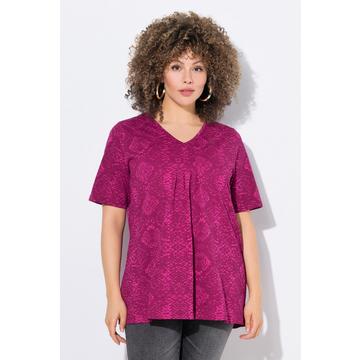 T-shirt manches courtes, décolleté V se terminant par des plis fantaisie, motif peau de serpent