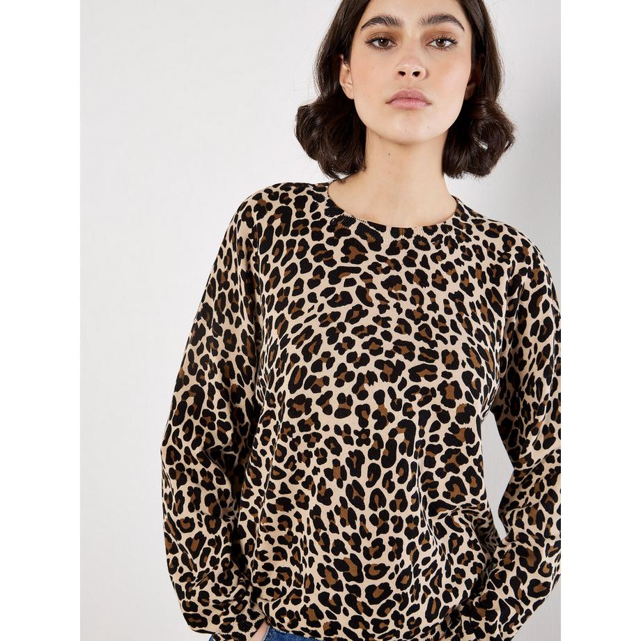 Gerippter Strickpullover mit Leopardenmuster