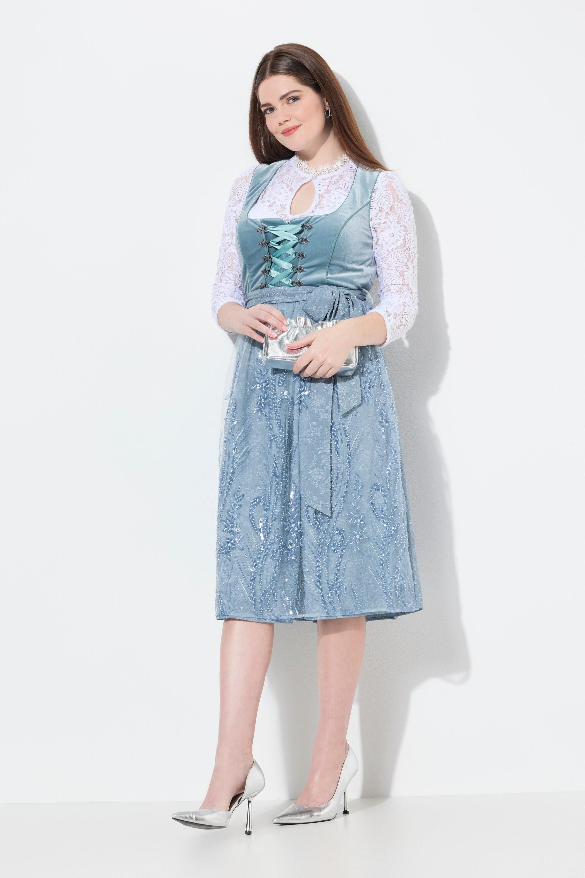 Ulla Popken Dirndl Ricamo Allacciatura Scollo Rettangolare Senza Maniche  