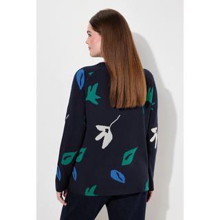 Ulla Popken  Pull en coton bio, manches longues et encolure bateau, motif feuilles 