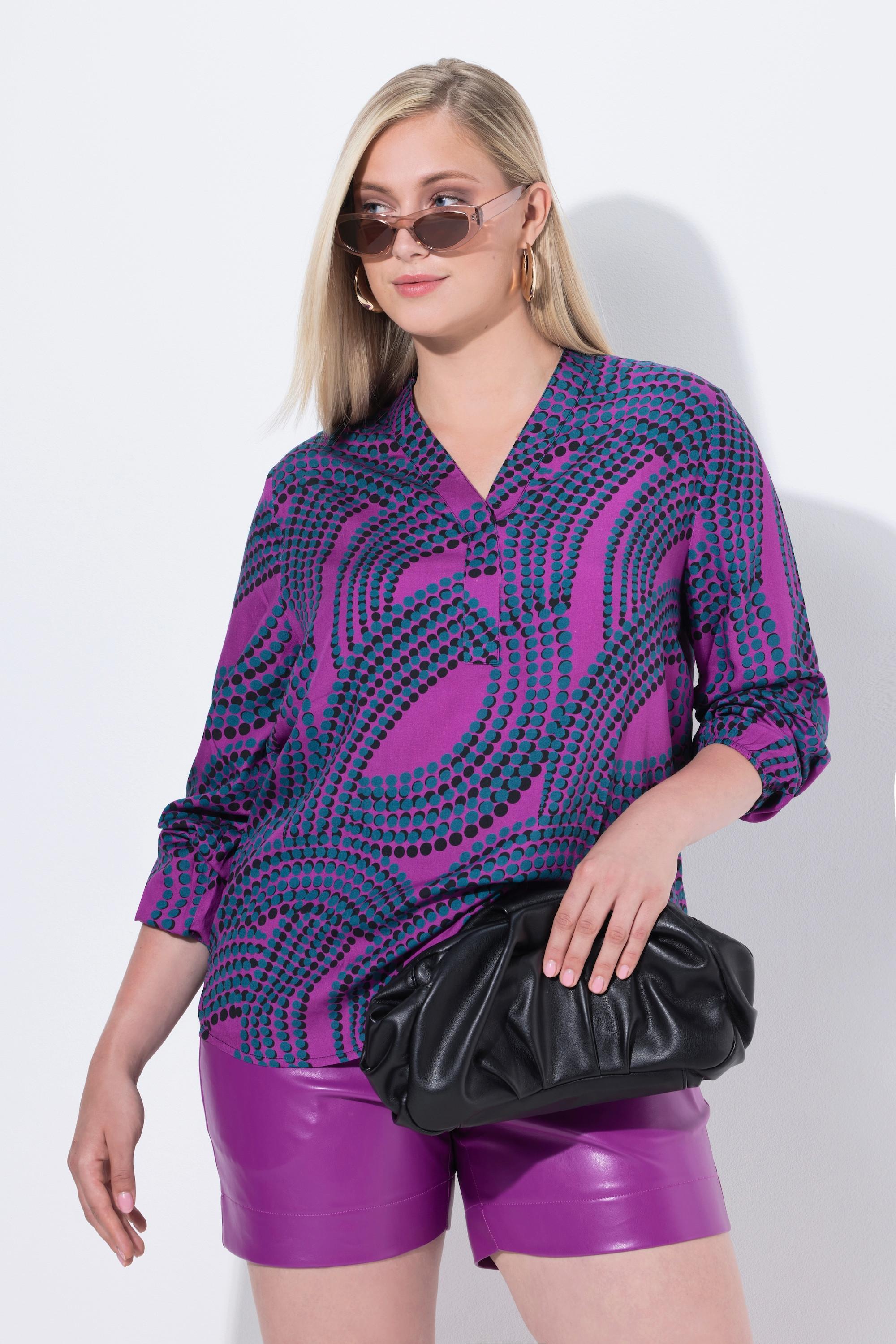 Ulla Popken Blusa a Pois Collo Montante Scollo a V Maniche Lunghe  