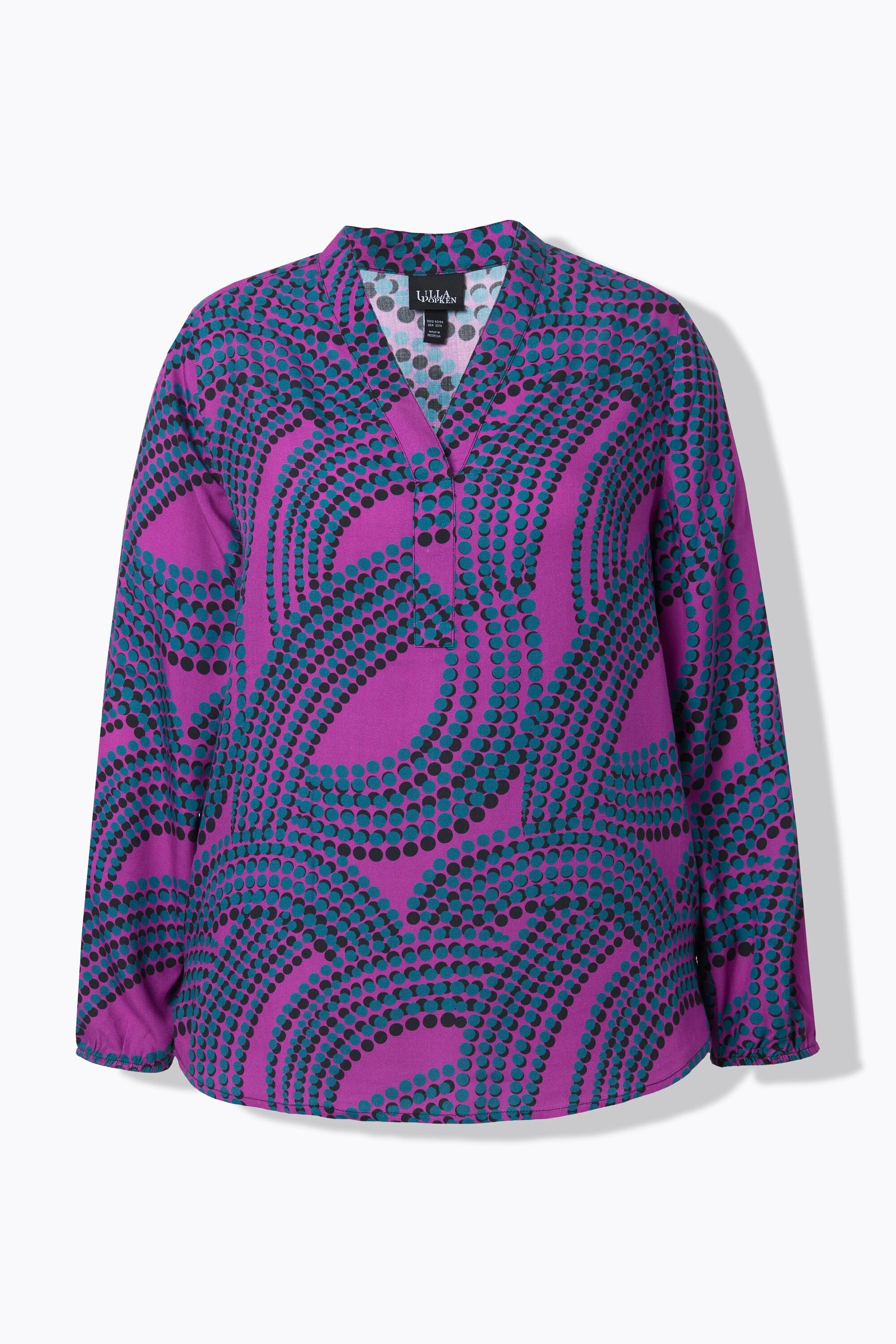 Ulla Popken Blusa a Pois Collo Montante Scollo a V Maniche Lunghe  