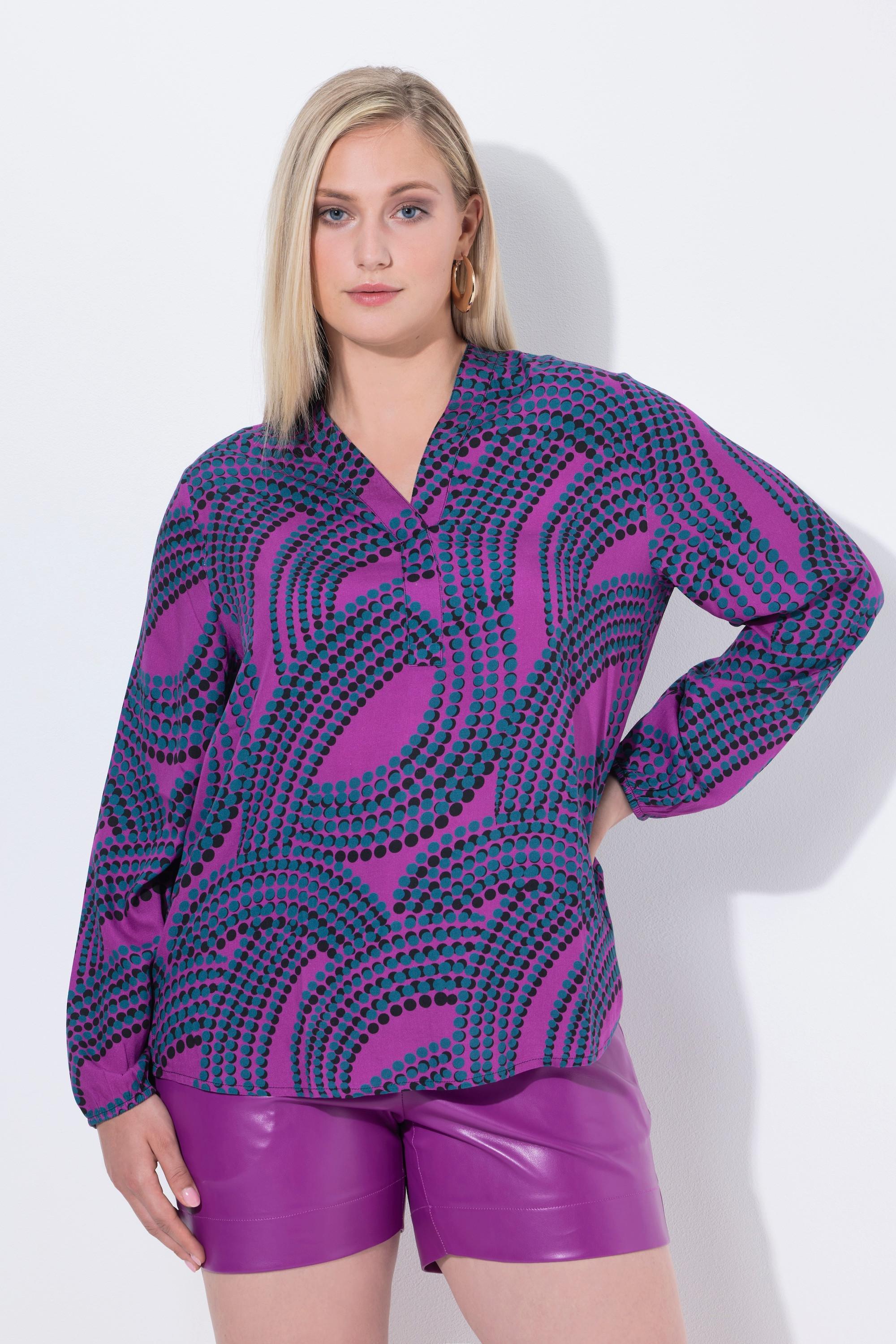 Ulla Popken Blusa a Pois Collo Montante Scollo a V Maniche Lunghe  