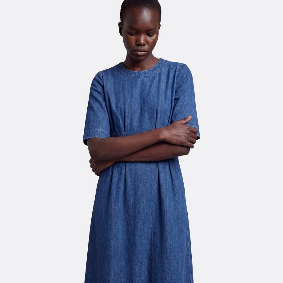 La Redoute Collections Langes Jeanskleid mit 3/4-Ärmeln und Rundhalsausschnitt  