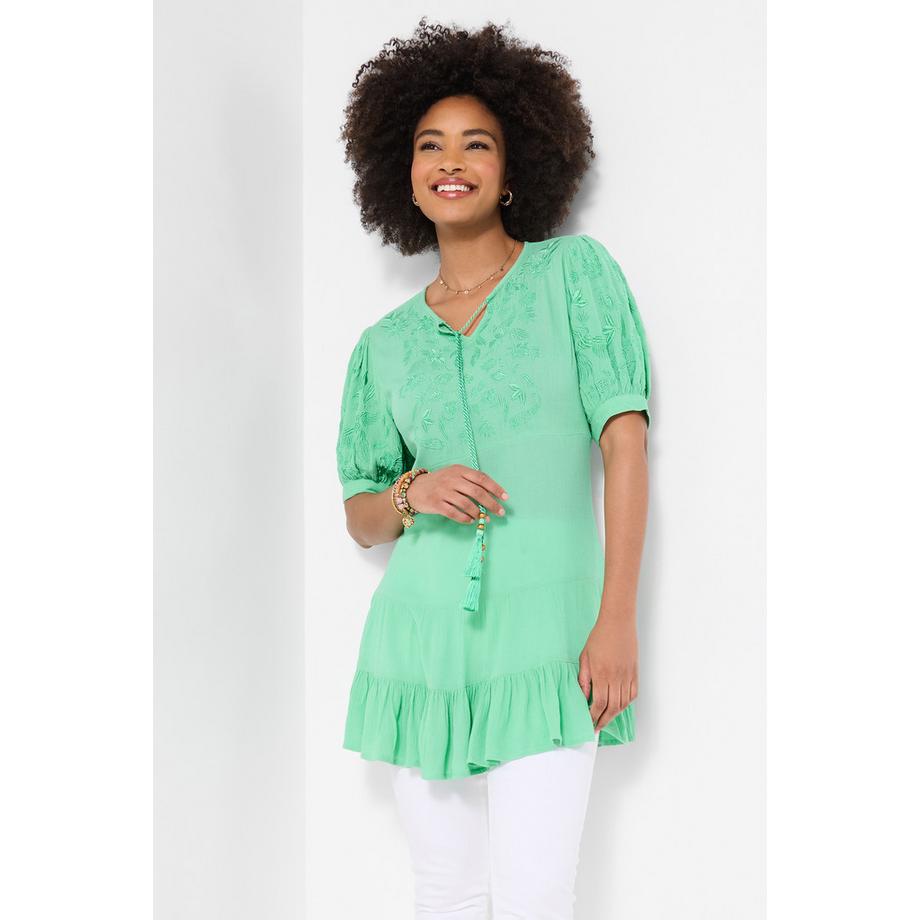 Besticktes Tunika-Kleid mit Schlüsselloch-Ausschnitt