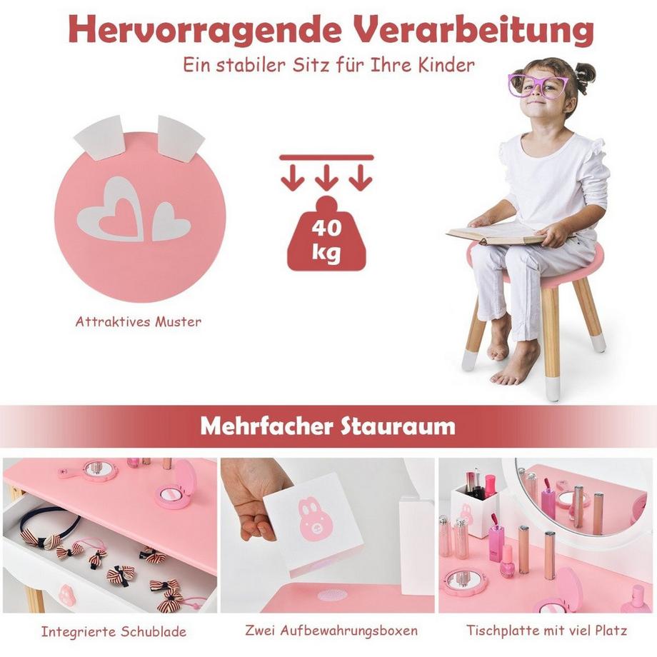 Northix  Kinder Schminktisch mit Hocker Prinzessin Schminkkommode 60 x 34 x 103 cm Rosa + Weiß 