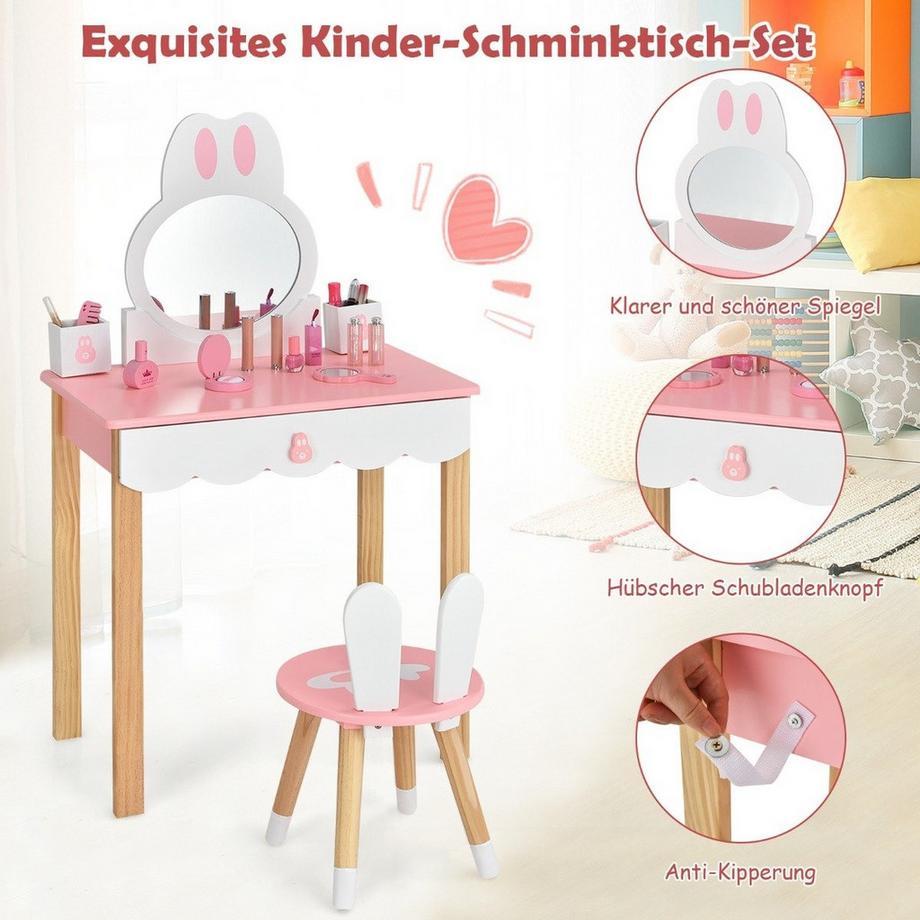 Northix  Kinder Schminktisch mit Hocker Prinzessin Schminkkommode 60 x 34 x 103 cm Rosa + Weiß 