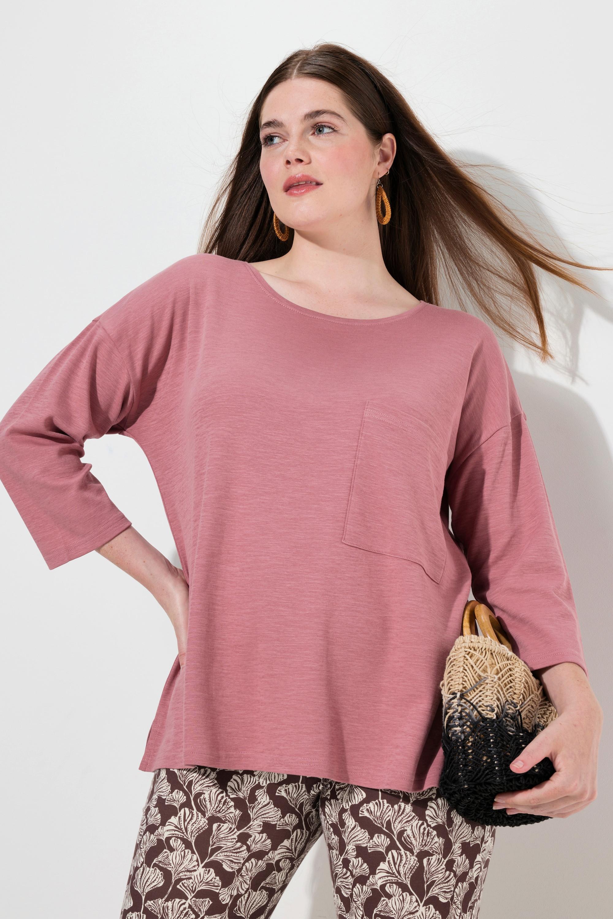 Ulla Popken  T-shirt oversize en coton bio, col rond, manches 3/4 