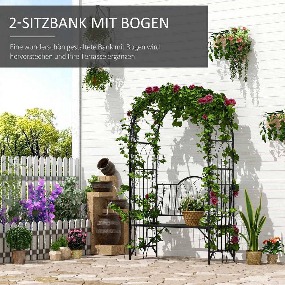 Northio  Rosenbogen Mit Bank Rosenbank Laubenbank Philosophenbank Rankgitter Rankhilfe Gartenbank Metall Schwarz 121 X 50 X 203 Cm 