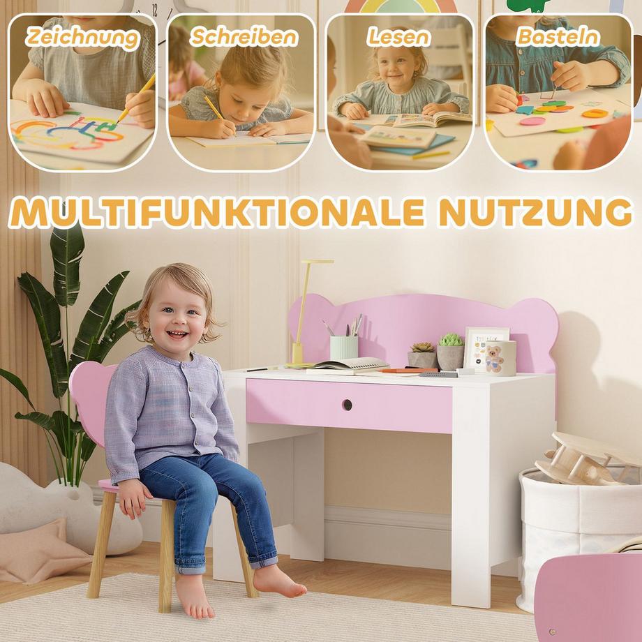 Northio  Ensemble bureau et chaise pour enfant, en forme d'ours, avec tiroir, pour écrire et bricoler, 3-8 ans 