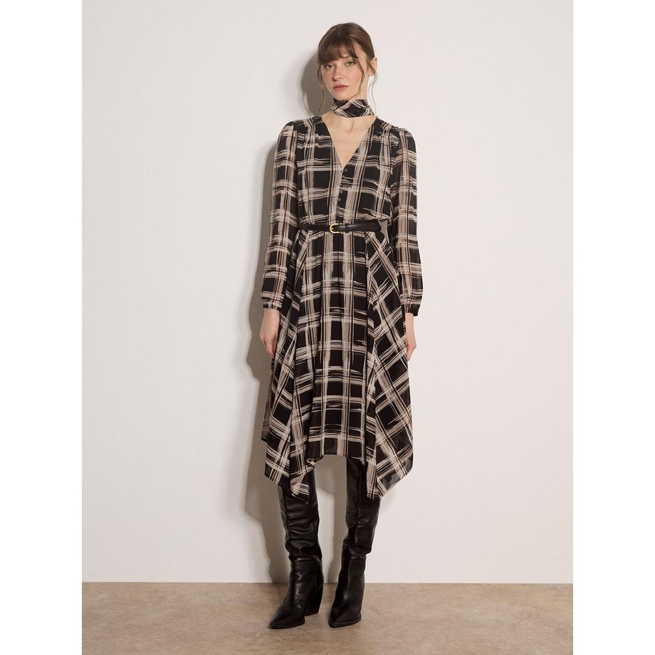 Robe midi en crêpe à carreaux