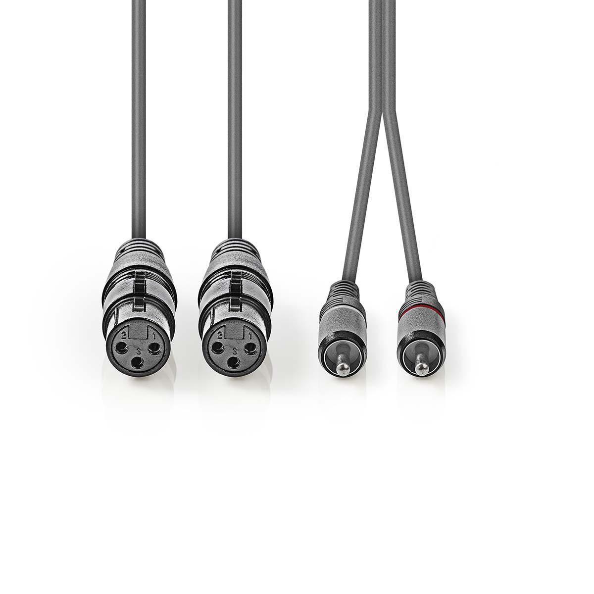Nedis  Câble audio symétrique | 2x XLR 3-Pin Femelle | 2x RCA Mâle | Nickelé | 1.50 m | Rond | PVC | Gris foncé | Gaine carton 