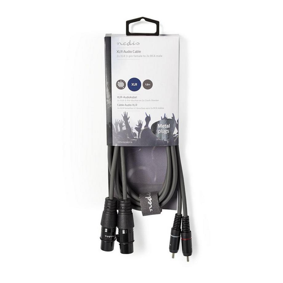 Nedis  Câble audio symétrique | 2x XLR 3-Pin Femelle | 2x RCA Mâle | Nickelé | 1.50 m | Rond | PVC | Gris foncé | Gaine carton 
