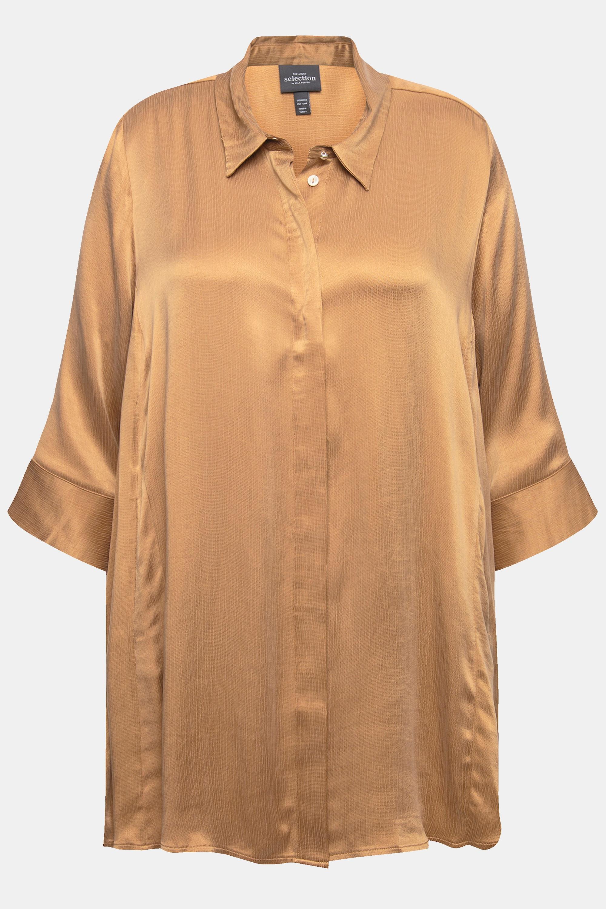 Ulla Popken  Blusa dal taglio svasato con cupro, pieghe godet, colletto da camicia e maniche a 3/4 