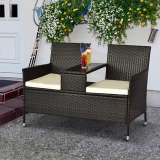 Northio Polyrattan Sitzbank 2-Sitzer Tisch Gartenbank Stahlrahmen Braun B133Xt63Xh84Cm  