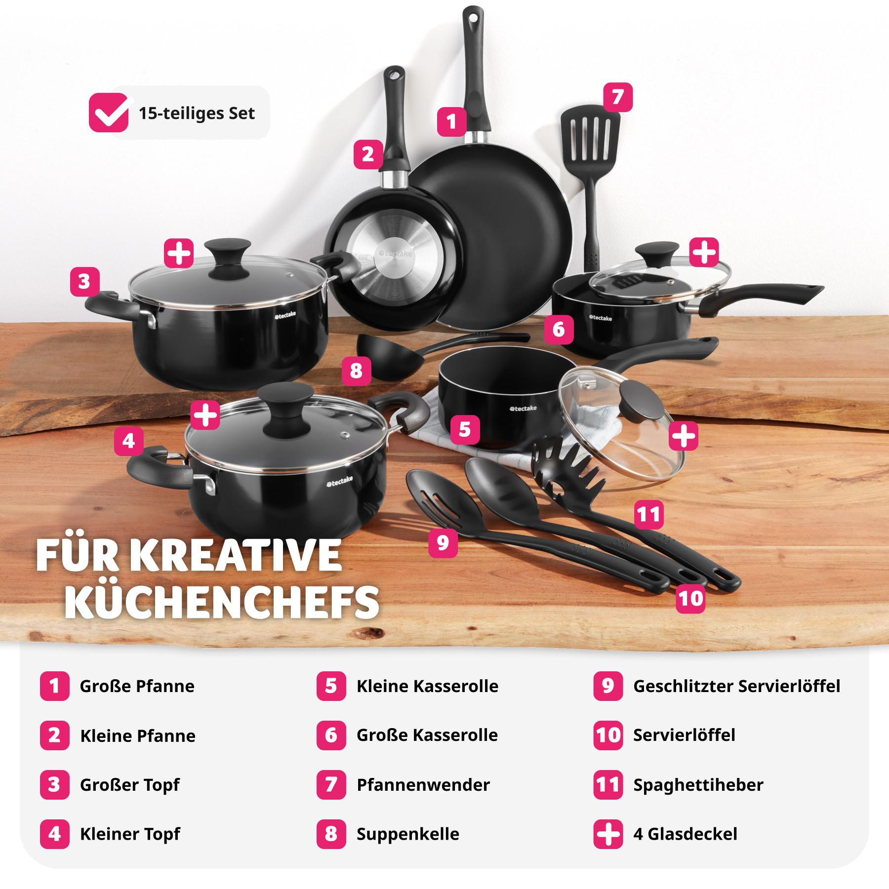 Tectake Set di pentole Varese, alluminio con coperchi in vetro, 15 pezzi, non per induzione  