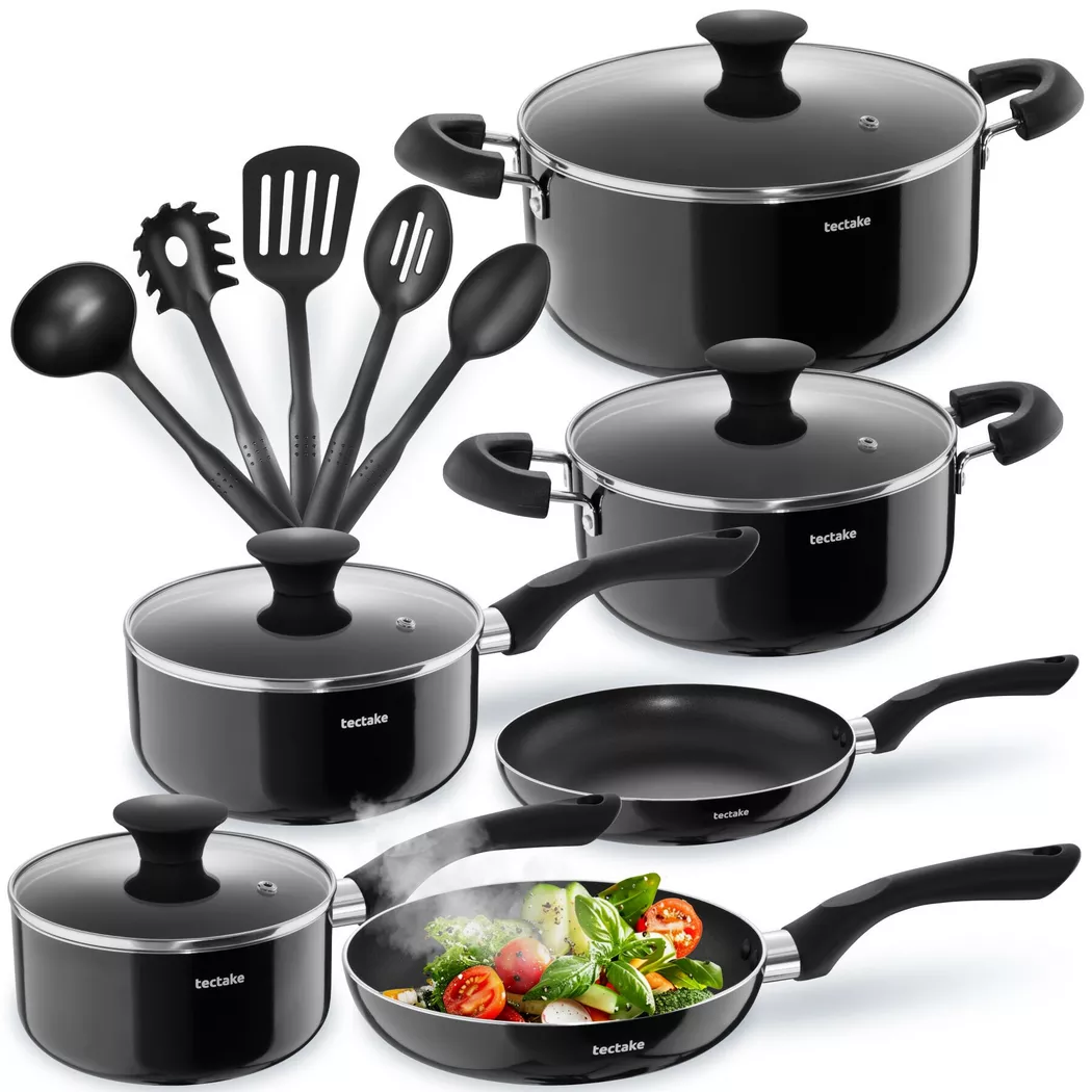 Tectake - Juego de ollas VARESE, 15 piezas, 2 ollas, 2 cacerolas y 2 sartenes, 5 utensilios de cocina, Aluminio inoxidable y antiadherente, Tapa de vidrio con salida de vapor, Apto para el