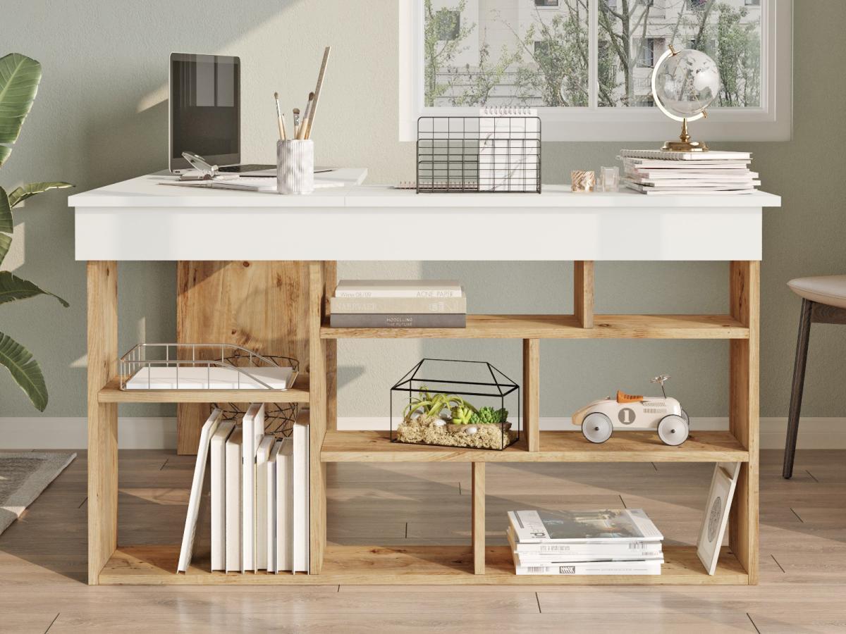 Vente-unique Bureau d'angle avec rangements - Coloris : Blanc et naturel - LILEUL  
