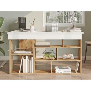 Vente-unique Bureau d'angle avec rangements - Coloris : Blanc et naturel - LILEUL  