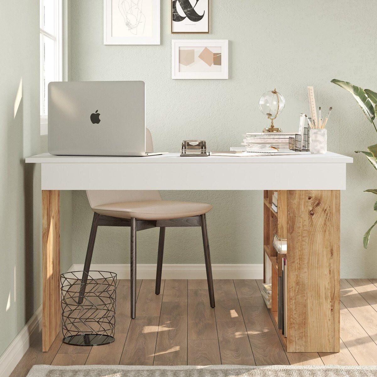 Vente-unique Bureau d'angle avec rangements - Coloris : Blanc et naturel - LILEUL  